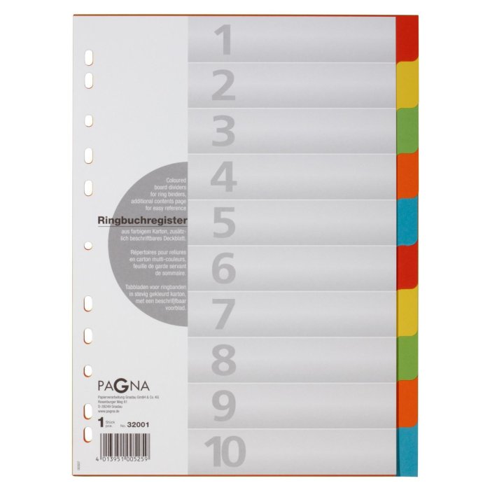 PAGNA kartónový register, A4, 10-dielny - 5 rôznych farieb