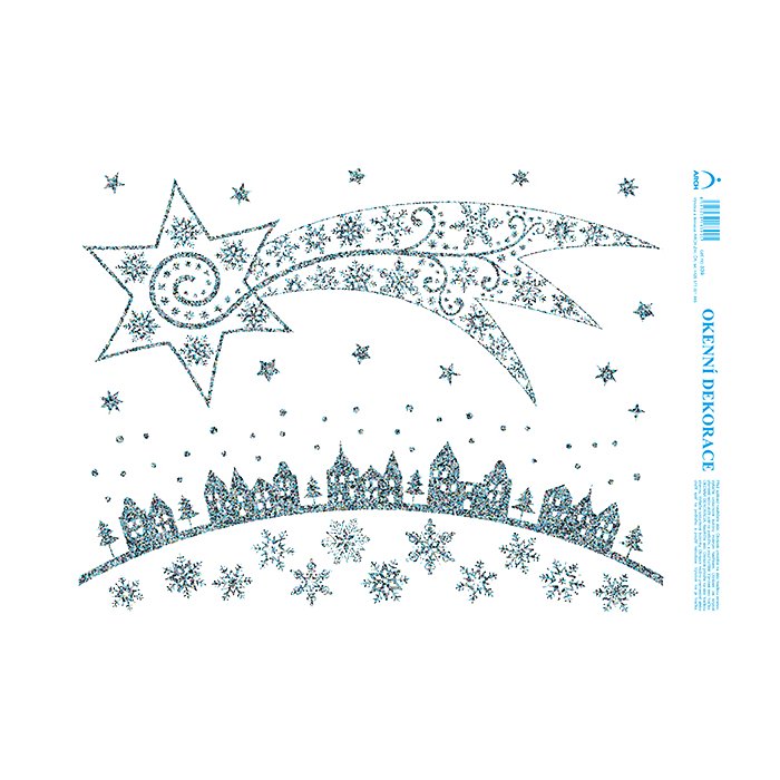 ARCH Vianočné adhézne okenné nálepky 35 x 25 cm - obojstranné strieborné trblietavé - kométa a domčeky