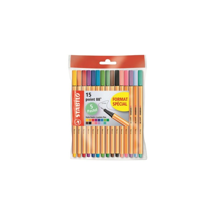Fineliner - STABILO point 88 - 15er Pack - mit 15 verschiedenen Farben inklusive 5 Pastelfarben