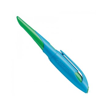 STABILO EASYbirdy ergonomické školské plniace pero pre ľavákov s hrotom pre začiatočníkov A - nebesky modré / trávovo zelené - vrátane bombičky - farba čiary modrá (vymazateľná)