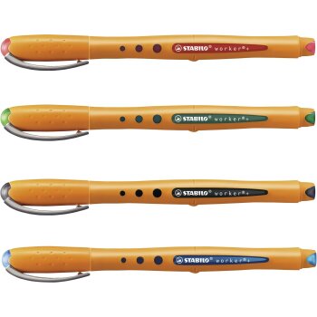 Tintenroller - STABILO worker+ - fein - 4er Pack - grün, rot, blau, schwarz