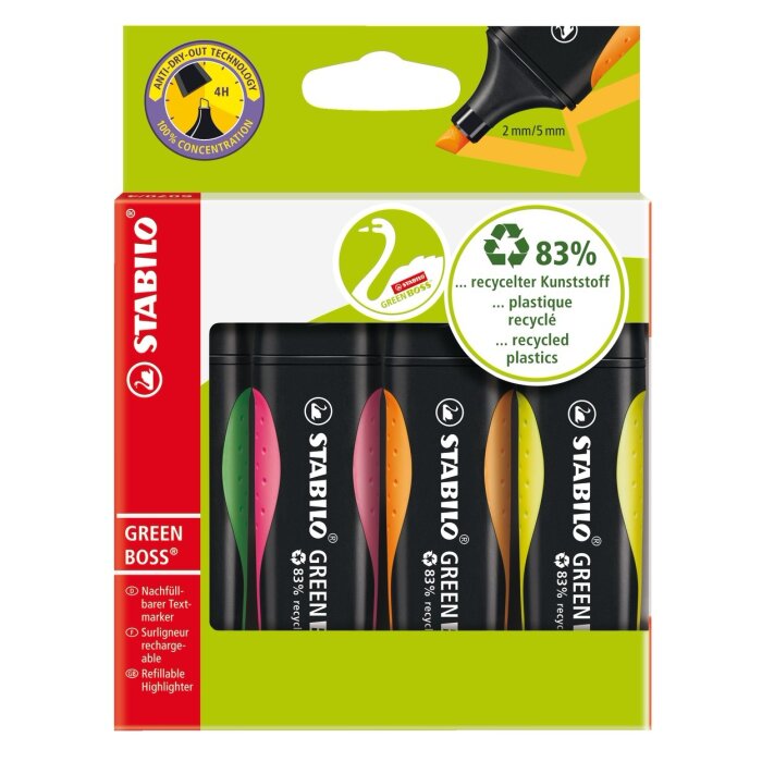 STABILO GREEN BOSS - ekologický zvýrazňovač - balenie 4 ks - zelená, ružová, oranžová, žlá