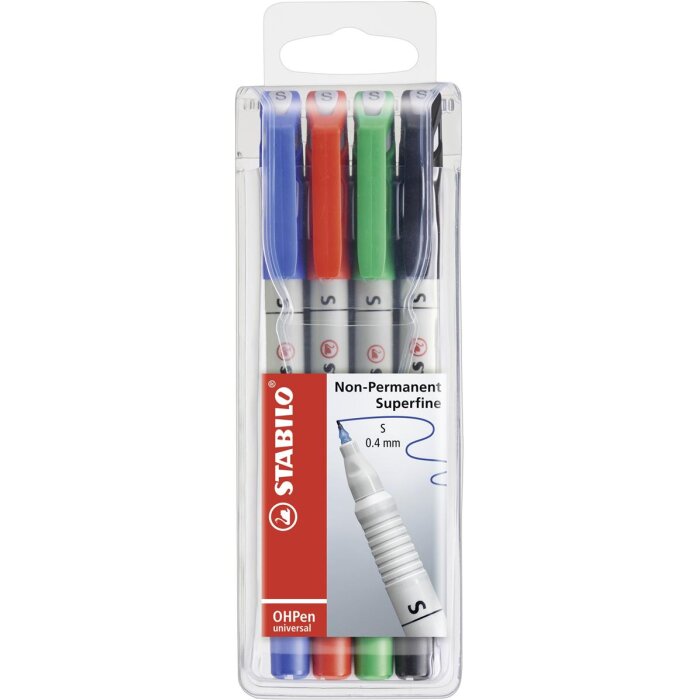 Folienstift - STABILO OHPen universal - wasserlöslich superfein - 4er Pack - grün, rot, blau, schwarz