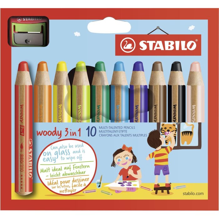 STABILO woody 3 v 1 - farbička, vodová farba a voskovka v jednom - balenie 10 ks so strúhadlom - 10 rôznych farieb