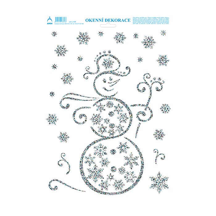ARCH Vianočné adhézne okenné nálepky 25 x 35 cm - obojstranné - strieborný trblietavý snehuliak