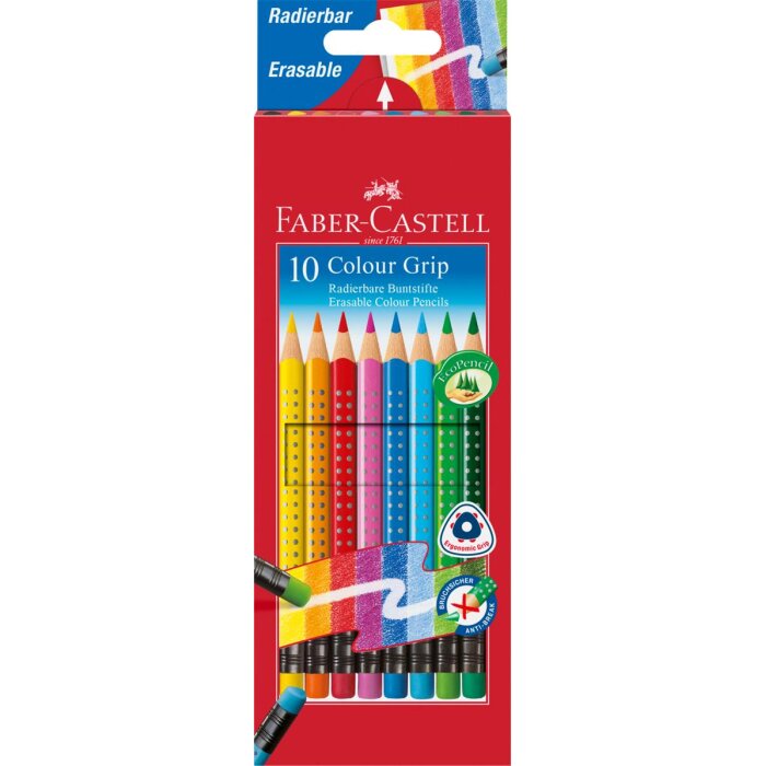 FABER-CASTELL Dreikant-Buntstifte Colour GRIP, 10er Etui mit Radierer