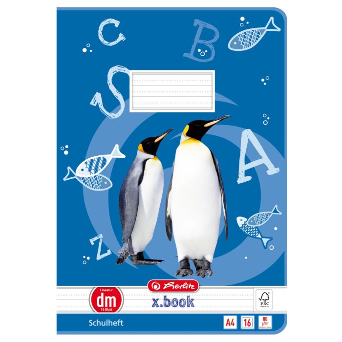 herlitz x.book dm, A4, 16 listov, linajkový s pomocnou linkou - tučniaky
