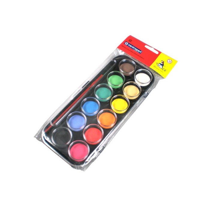 Centropen Vodové farby so štetcom - 12 farieb s priemerom 30 mm, 9540/12