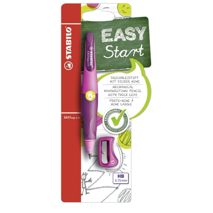STABILO EASYergo 3.15 - ergonomická mechanická ceruzka pre ľavákov - vrátane 1 hrubej HB tuhy a strúhadla - ružová / lila