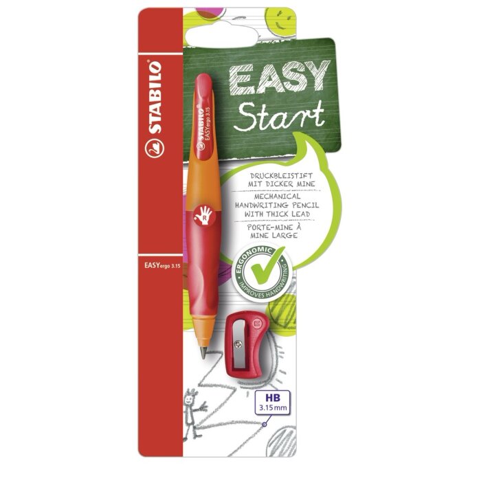 Ergonomischer Druck-Bleistift für Rechtshänder - STABILO EASYergo 3.15 in orange/rot - Einzelstift - inklusive 1 dicken Mine - Härtegrad HB & Spitzer