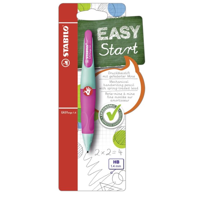 STABILO EASYergo 1.4 - ergonomická mechanická ceruzka pre pravákov - vrátane 3 tenkých túh v tvrdosti HB - tyrkysovo / neónovoružová