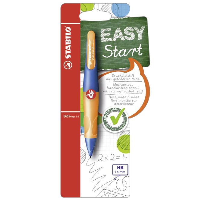 STABILO EASYergo 1.4 - ergonomická mechanická ceruzka pre pravákov - vrátane 3 tenkých túh v tvrdosti HB - ultramarínová modrá / neónovooranžová