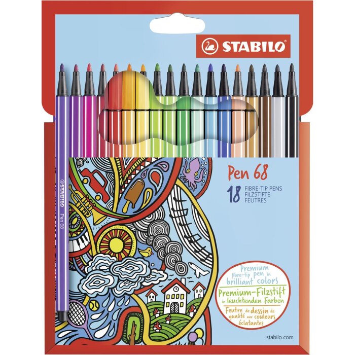 Premium-Filzstift - STABILO Pen 68 - 18er Pack - mit 18 verschiedenen Farben