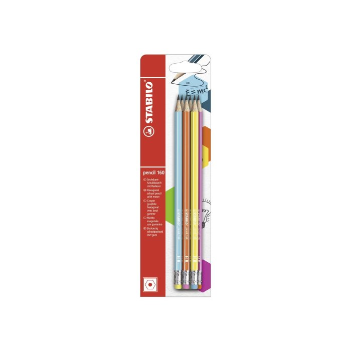 STABILO pencil 160 - ceruzka s gumou - v 2x petrolejovej a 1x oranžovej, modrej, žltej  a ružovej farbe - tvrdosť HB - 6ks