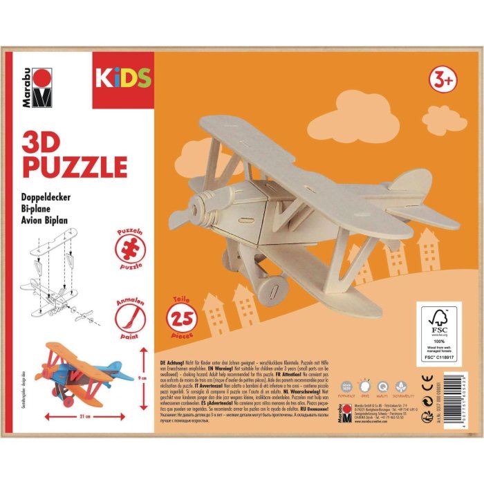 Marabu - 25-dielne 3D puzzle - „lietadlo dvojplošník“
