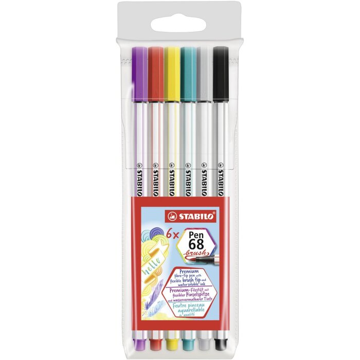 Premium-Filzstift mit Pinselspitze für variable Strichstärken - STABILO Pen 68 brush - 6er Pack - mit 6 verschiedenen Farben
