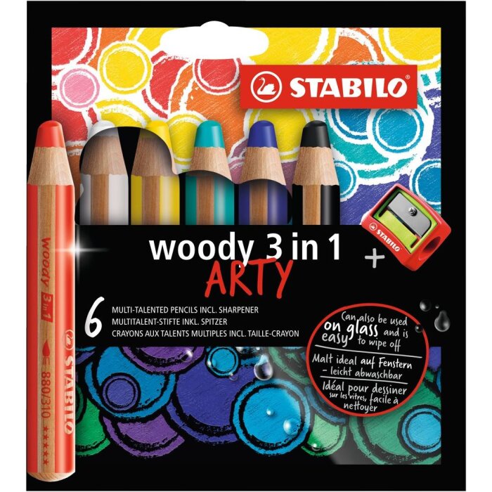 STABILO woody 3 v 1 - ARTY - farbička, vodová farba a voskovka v jednom - balenie 6 ks so strúhadlom - 6 rôznych farieb