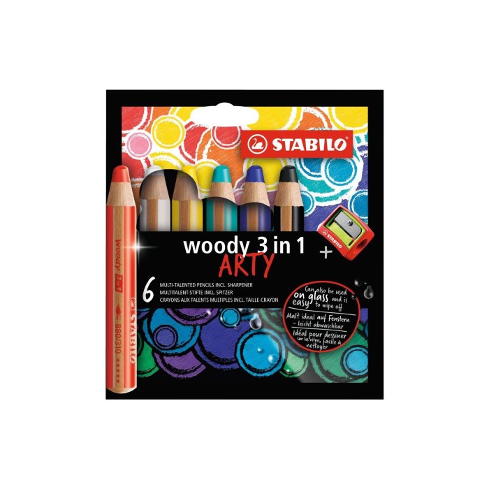 STABILO woody 3 v 1 - ARTY - farbička, vodová farba a voskovka v jednom - balenie 6 ks so strúhadlom - 6 rôznych farieb