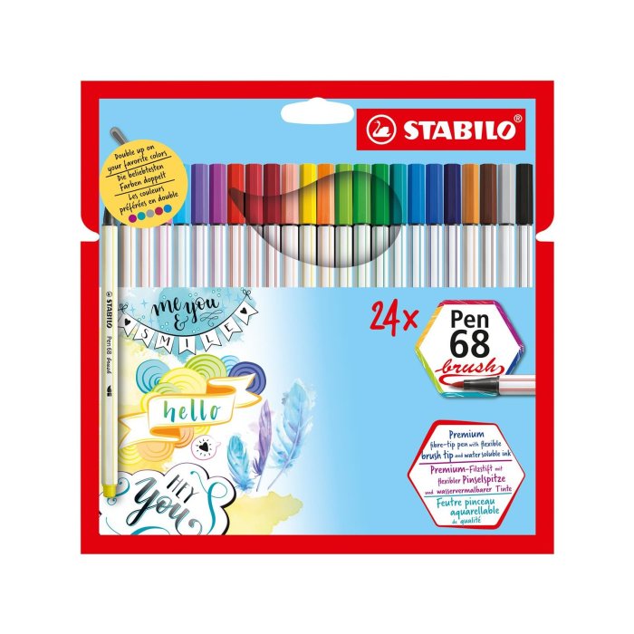 Premium-Filzstift mit Pinselspitze für variable Strichstärken - STABILO Pen 68 brush - 24er Pack - mit 19 verschiedenen Farben