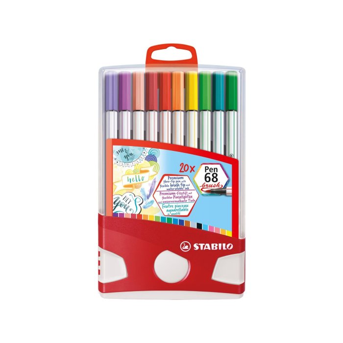 STABILO Pen 68 brush Colorparade - prémiové fixky s vláknovým hrotom - 20 ks v stolovom balení - 19 rôznych farieb