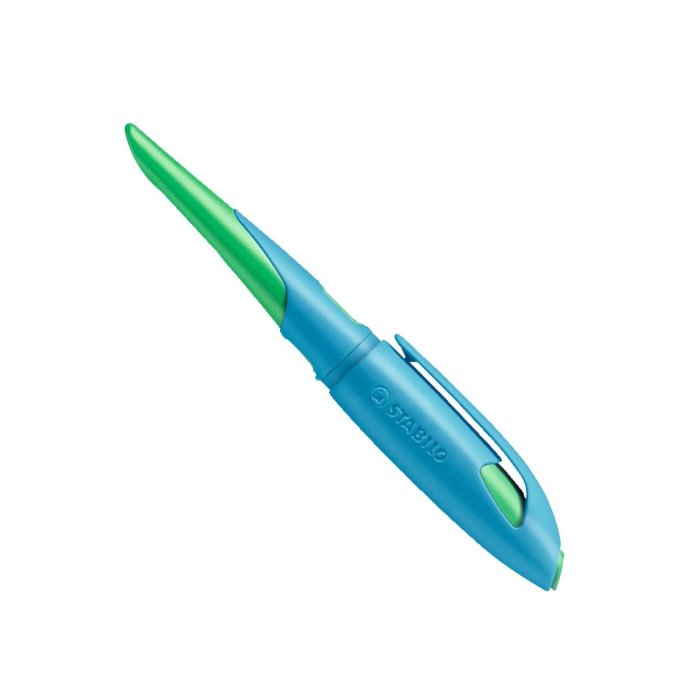 STABILO EASYbirdy L - ergonomické atramentové školské pero pre začiatočníkov s hrotom A - pre ľavákov - vrátane náplne a nástroja na nastavenie - modrý vymazeteľný atrament - v nebeskej modrej / trávovo zelenej farbe