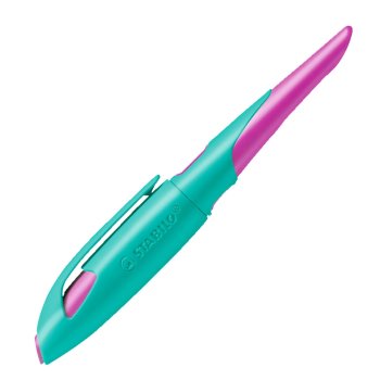 STABILO EASYbirdy R - ergonomické atramentové školské pero štandardné s hrotom M - pre pravákov - vrátane náplne a nástroja na nastavenie - modrý vymazeteľný atrament - tyrkysovej / neónovo ružovej farbe