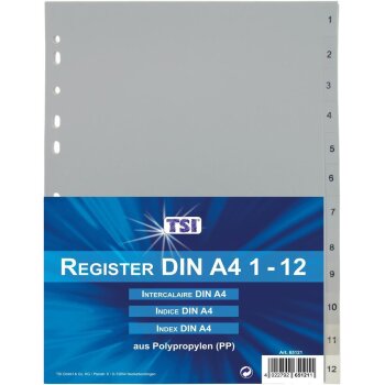 TSI 12-dielny register PP, A4 - šedej farby, 1-12