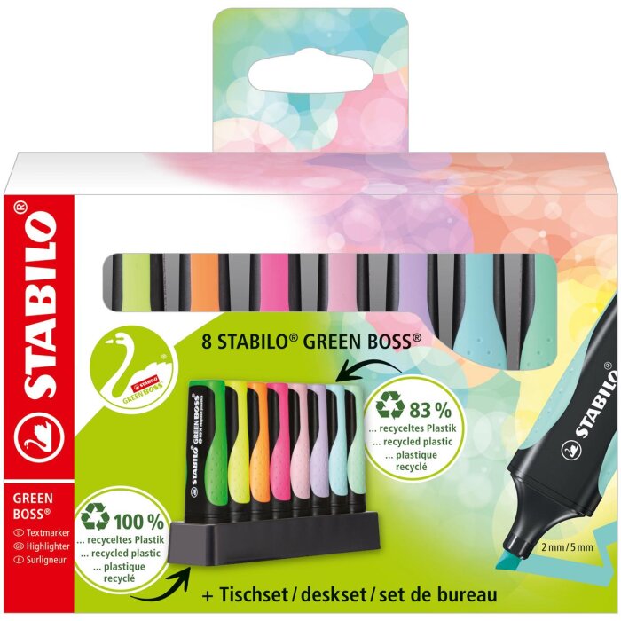 Umweltfreundlicher Textmarker - STABILO GREEN BOSS 8er Tischset - mit jeweils 4 verschiedenen Pastell- und Leuchtfarben
