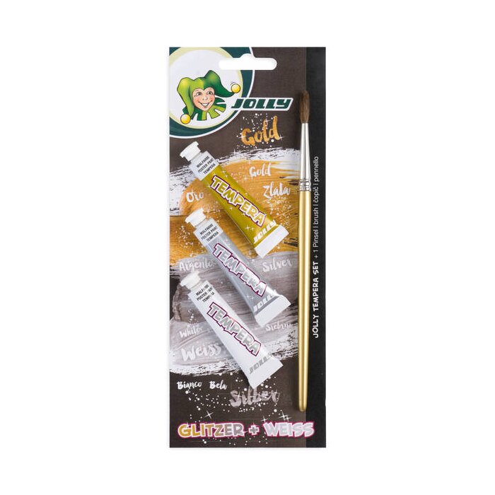 JOLLY Super Tempera - temperové farby - 3 x 7,5 ml + 1 zlatý štetec - biela, zlatá, strieborná