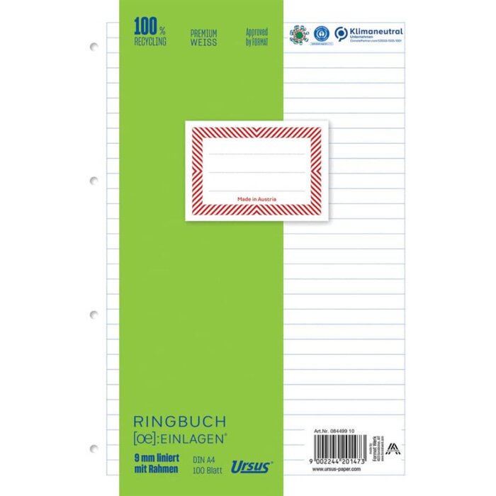URSUS [OE] Ringbucheinlage A4 100 Blatt 9mm liniert mit Rahmen