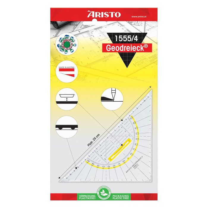 ARISTO Geodreieck® geo trojuholník 1555/4 transparentný, 25cm s rúčkou, fazetou a atramentovými drážkami (AR1555/4)