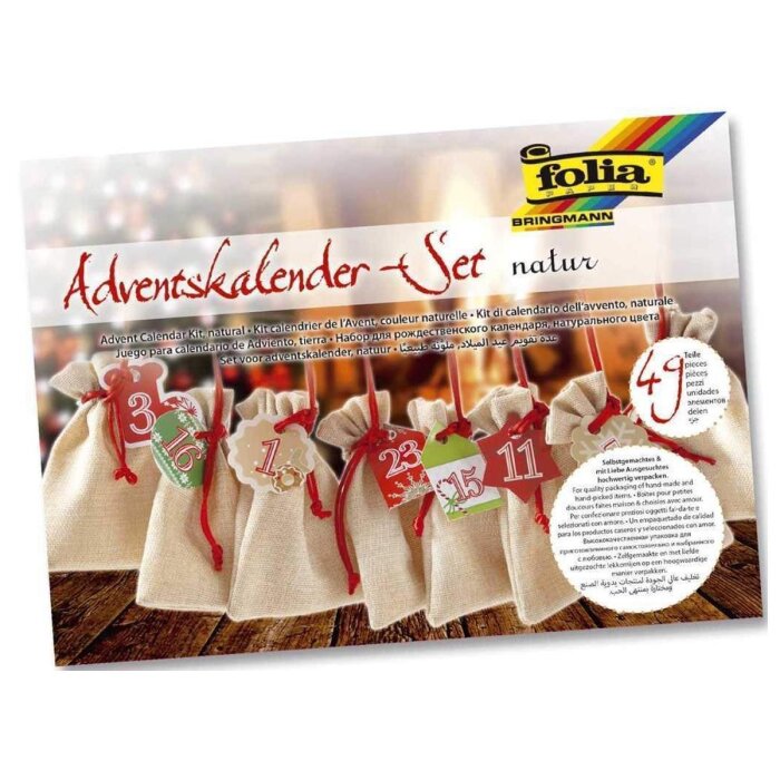folia adventný kalendár - súprava, jutové vrecúška, prírodné