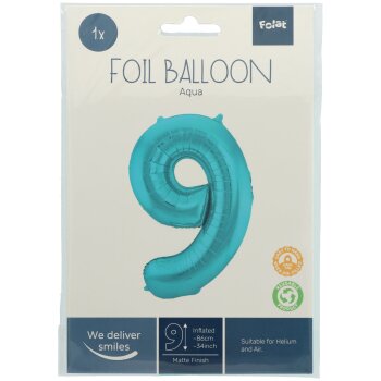 Folat fóliový balónik - pastelovo tyrkysový - metalický - matný - číslo / číslica 9 - 86 cm