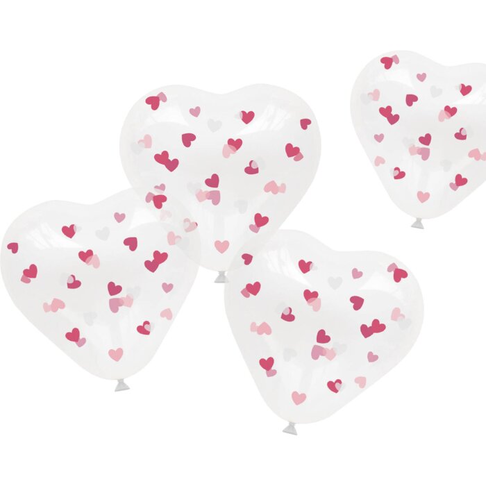 Folat Ballon 30 cm 4 Stück - Herzförmig mit rosa Konfetti