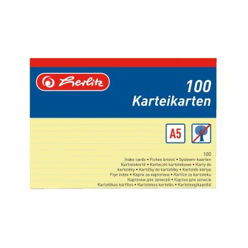 herlitz Karteikarten, DIN A5, liniert, gelb 100er