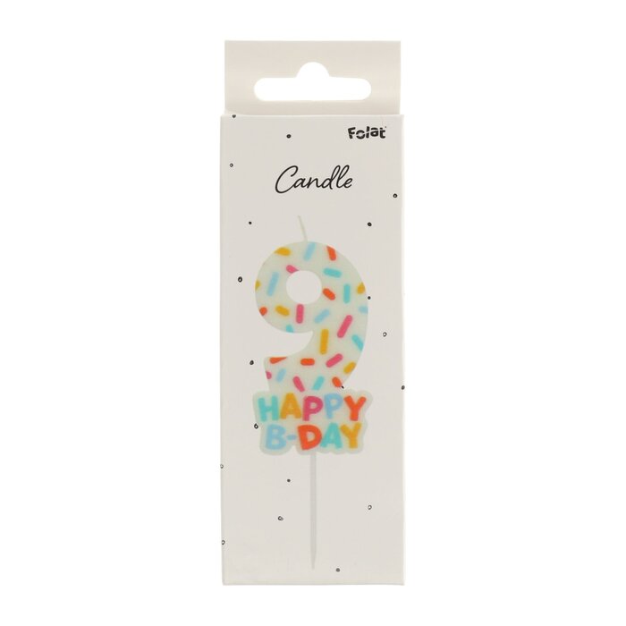 Folat sviečka - biela s farebnou posýpkou - 7 cm - číslica / číslo 9