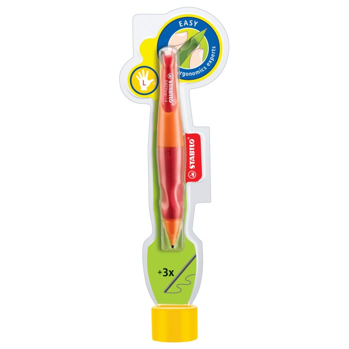 Ergonomischer Druck-Bleistift für Linkshänder - STABILO EASYergo 1.4 in orange/rot - Einzelstift - inklusive 3 d?nner Minen - H?rtegrad HB