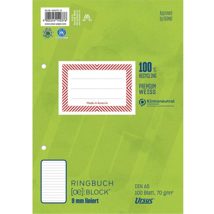 URSUS [OE] krúžkový blok - A5 - 100 listov - 9 mm - linajkový