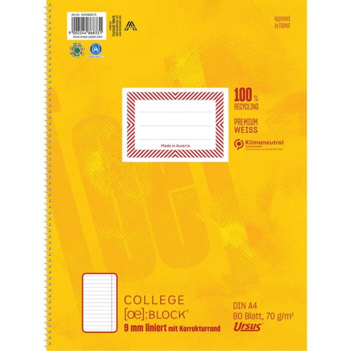 URSUS [OE] Collegeblock A4 80 Blatt 9mm liniert mit Korrekturrand