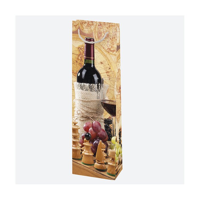 Geschenkstasche Flasche 120 x 400 x 90 mm VINO Rotwein mit Schachfiguren und Trauben