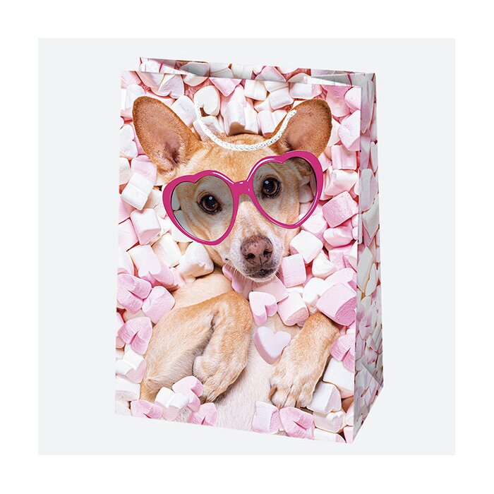 Darčeková taška 230 x 320 x 110 mm FUNNY ANIMALS – Psík s okuliarmi v tvare srdca v marshmallow