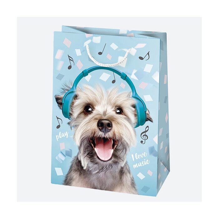 Geschenkstasche 230 x 320 x 110 mm FUNNY ANIMALS – Hund mit Kopfhörern I love music