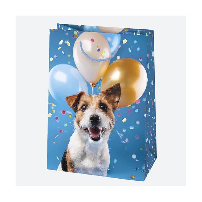 Geschenkstasche 230 x 320 x 110 mm FUNNY ANIMALS – Hund mit Luftballons und Konfetti