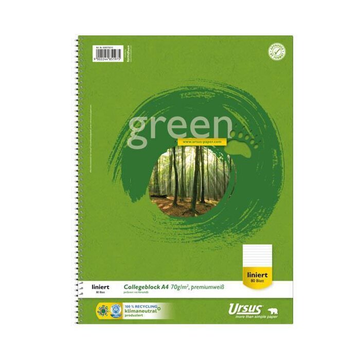URSUS green špirálový blok College - A4 - 80 listov - 9 mm - linajkový - prémiový biely