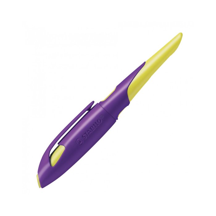 STABILO EASYbirdy R - ergonomické atramentové školské pero štandardné s hrotom M - pre pravákov - vrátane náplne - modrý vymazeteľný atrament - vo fialovej / žltej farbe