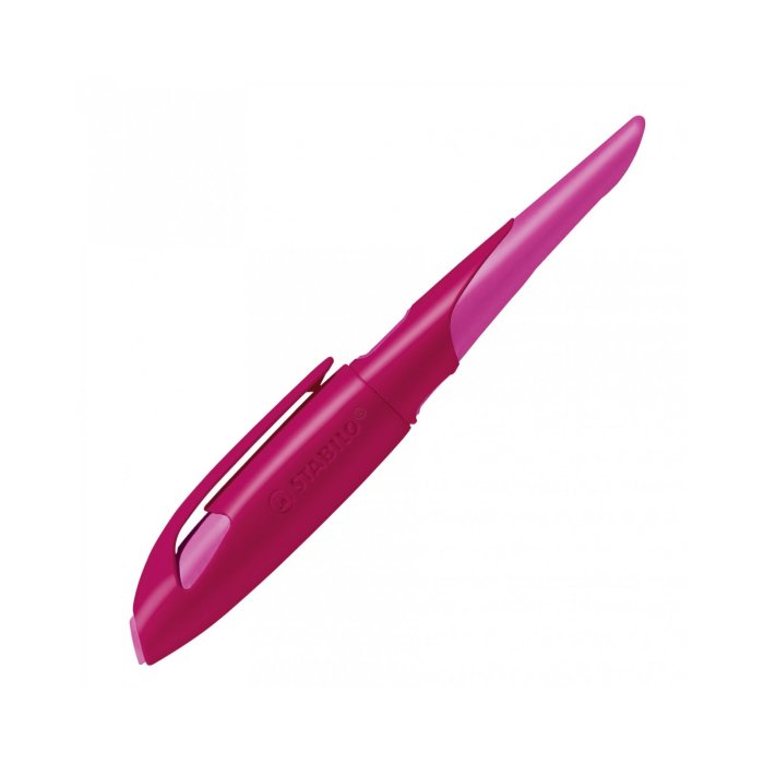 STABILO EASYbirdy R - ergonomické atramentové školské pero štandardné s hrotom M - pre pravákov - vrátane náplne - modrý vymazeteľný atrament - v tmavo malinovej / ružovej farbe